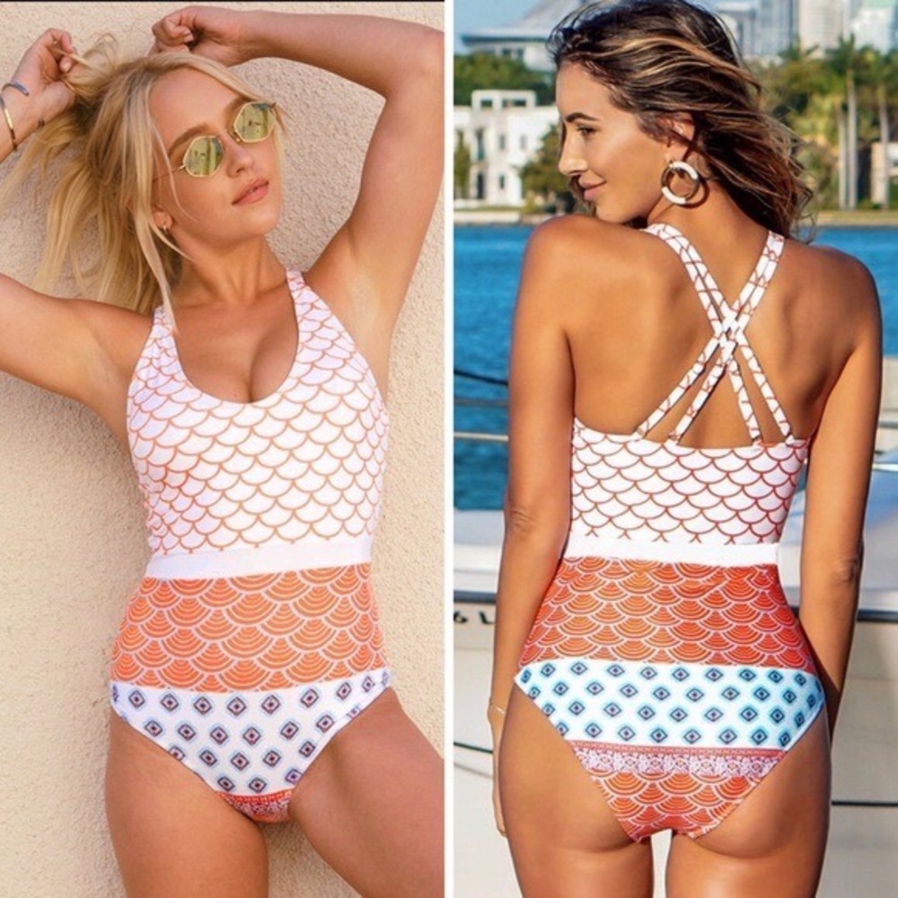 Cupshe Orange Fish Scale and Blue Geometric Print Strappy Back Swimsuit XL